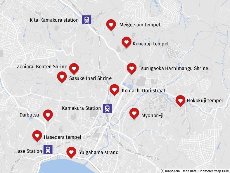 Map met bezienswaardigheden in Kamakura